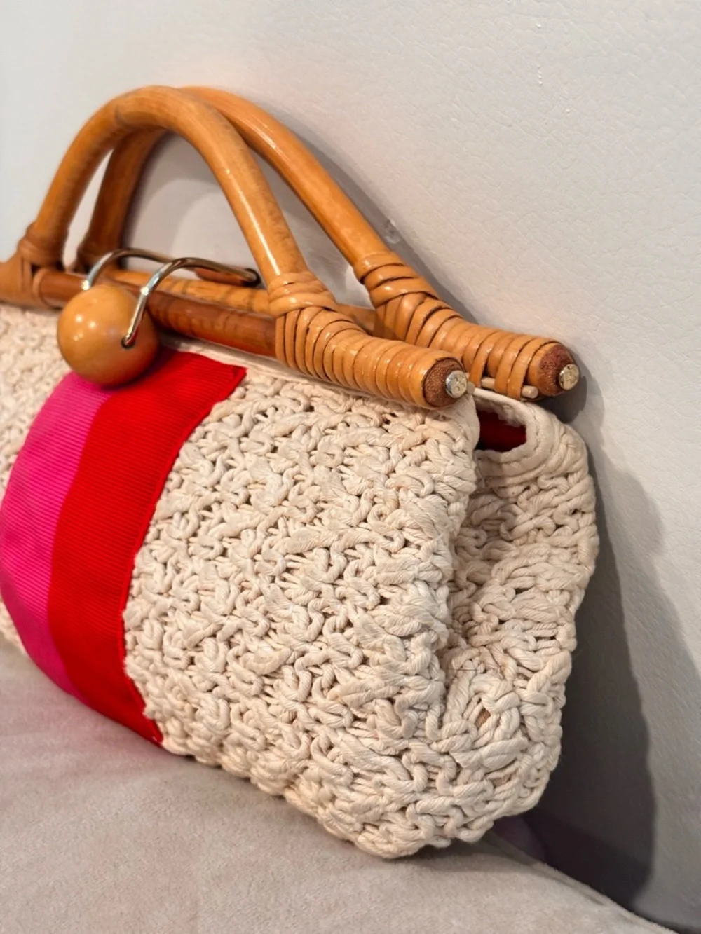 kate spade Cream Woven Clutch with Red and Pink Stripe